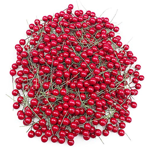 200PCS Baies de Noël artificiel baies de houx balle en mousse de fil de fer boule rouge + vert tige Couronne Faire Accessoires de fête Décoration de Noël Cover