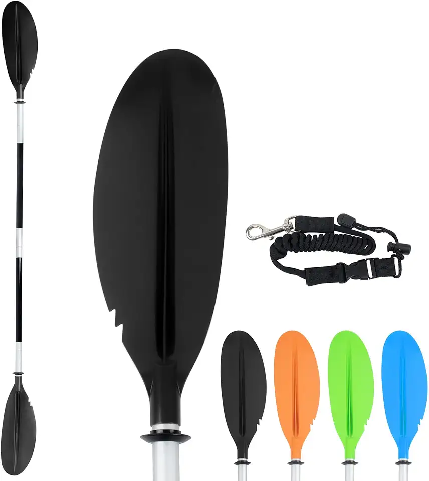 Raquete de caiaque, remo de barco de 223,5 cm, 4 peças, pá de caiaque, remos de caiaque, eixo de liga de alumínio removível, leve, ajustável, com guia de remo para adultos