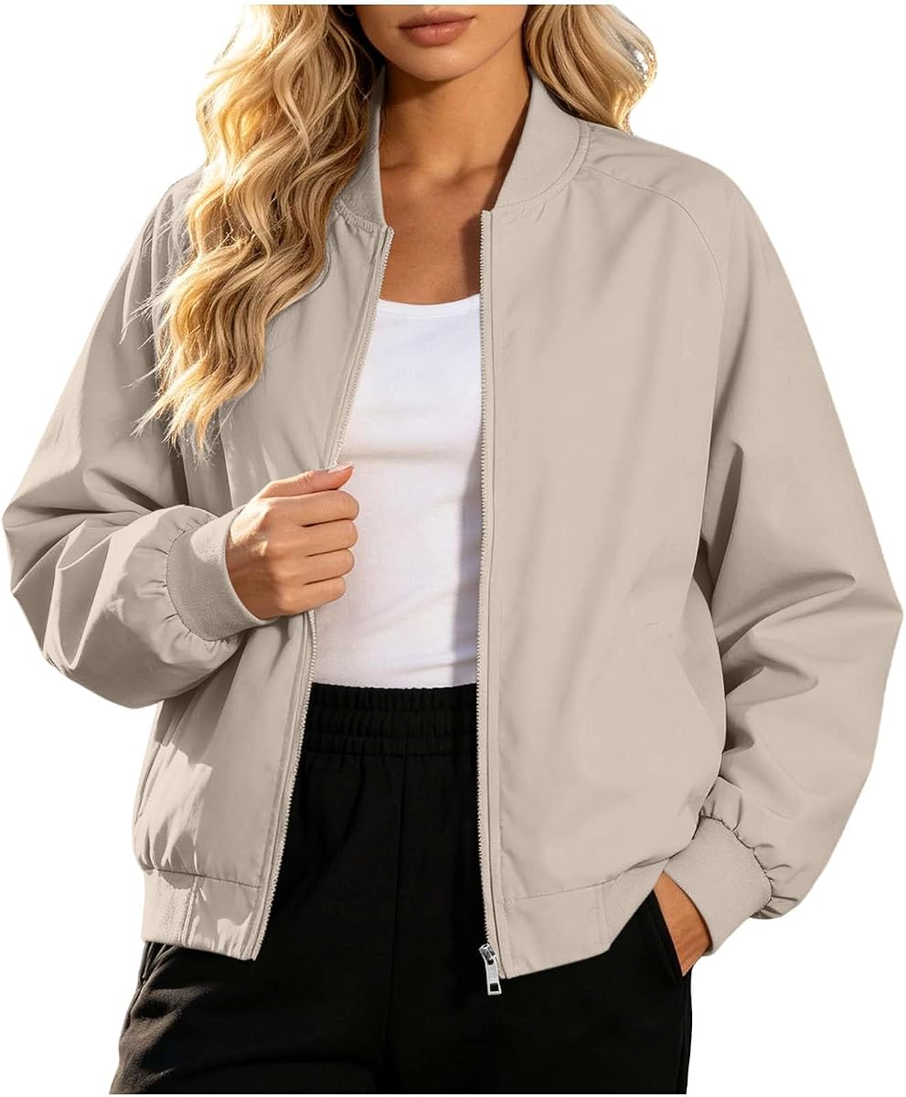 Women's Lightweight Bomber Jacket Zip Up Casual Coat Pockets