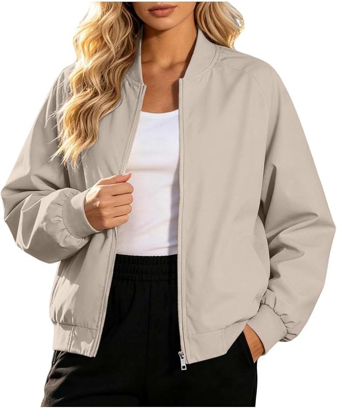 Women's Lightweight Bomber Jacket Zip Up Casual Coat Pockets