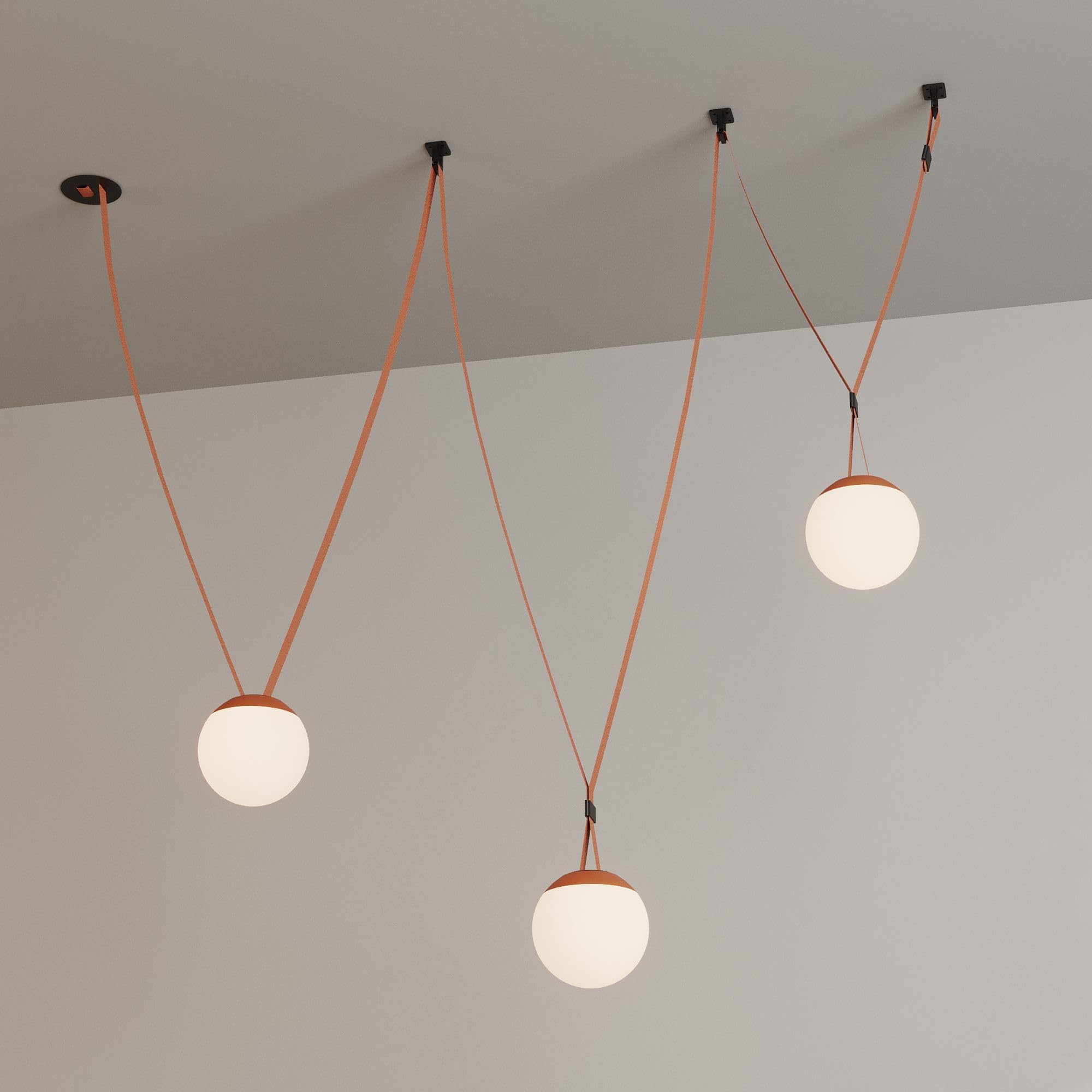 BARCELONA LED Lámpara Colgante Axia 6 – KIT 3 lámparas bola LED opal de policarbonato + cinta textil ladrillo 12m, gran lámpara suspendida, diseño minimalista industrial y arte ligero,luz cálida 2700K