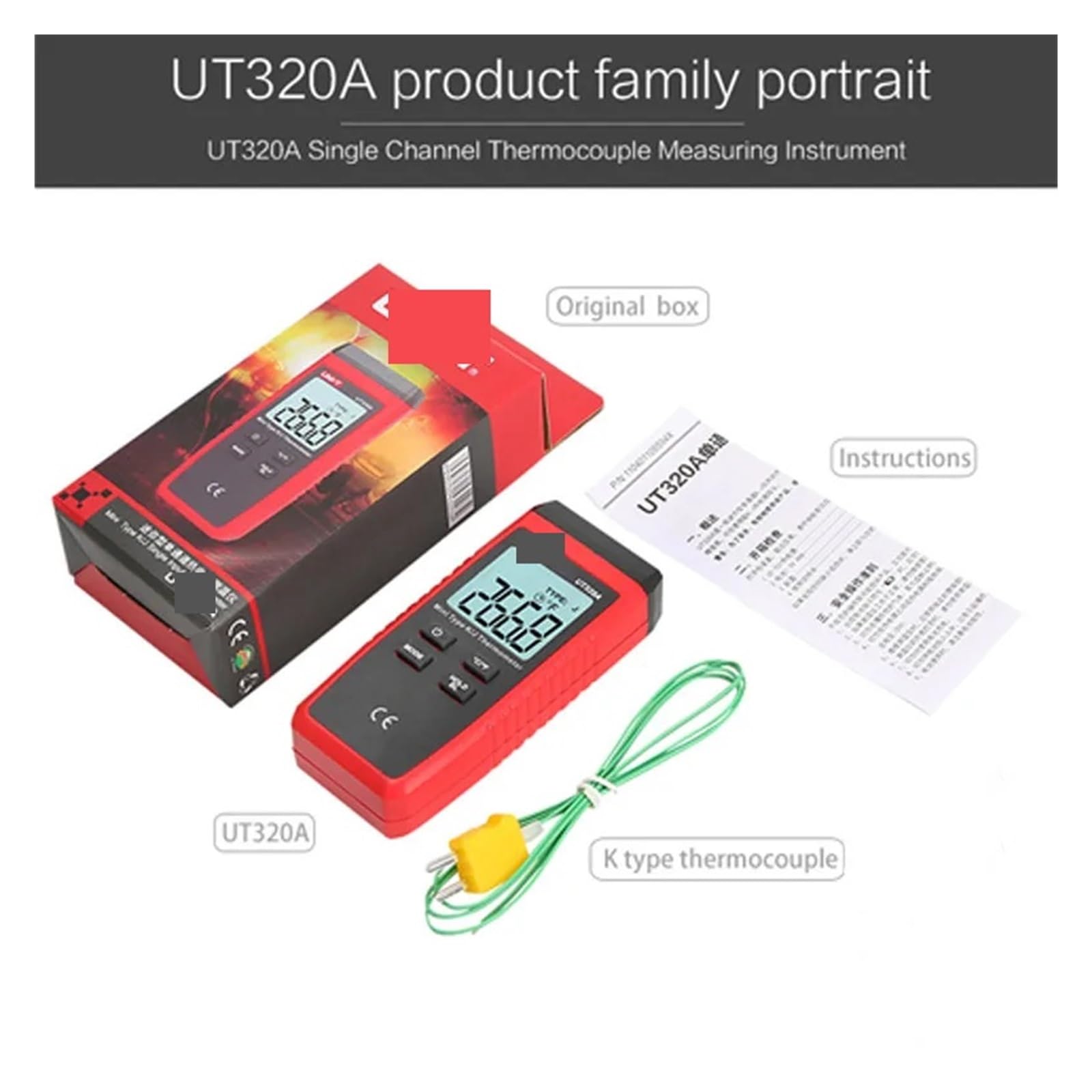 Termómetro digital UT320A UT320D, minitermopar de doble contacto tipo KJ, medidor de alta temperatura, de -50 ℃ a 1200 ℃(UT320A)