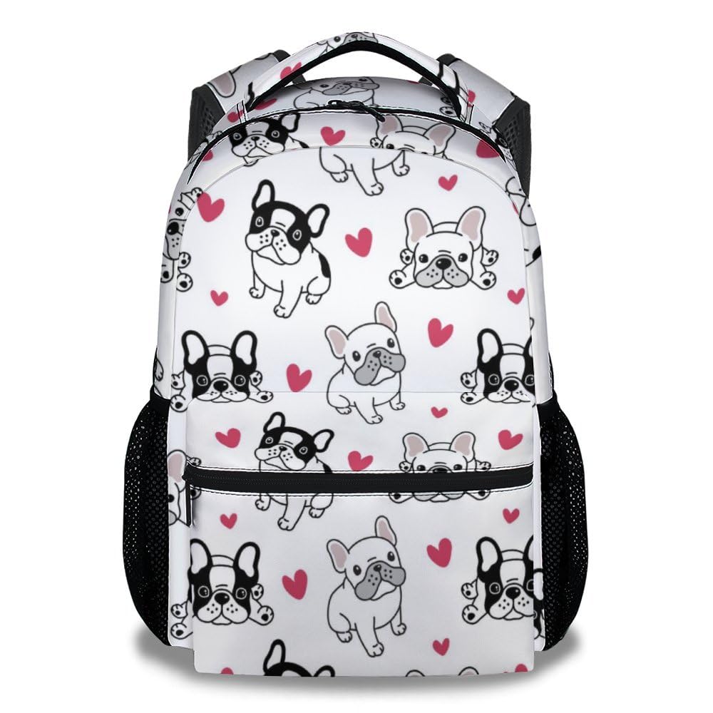 UNIKITTY French Bulldog Backpack for Girls Boys, 16 Inch White Dog theme Backpacks with Adjustable Straps, Cute, Large Capacity Bookbag for Kids