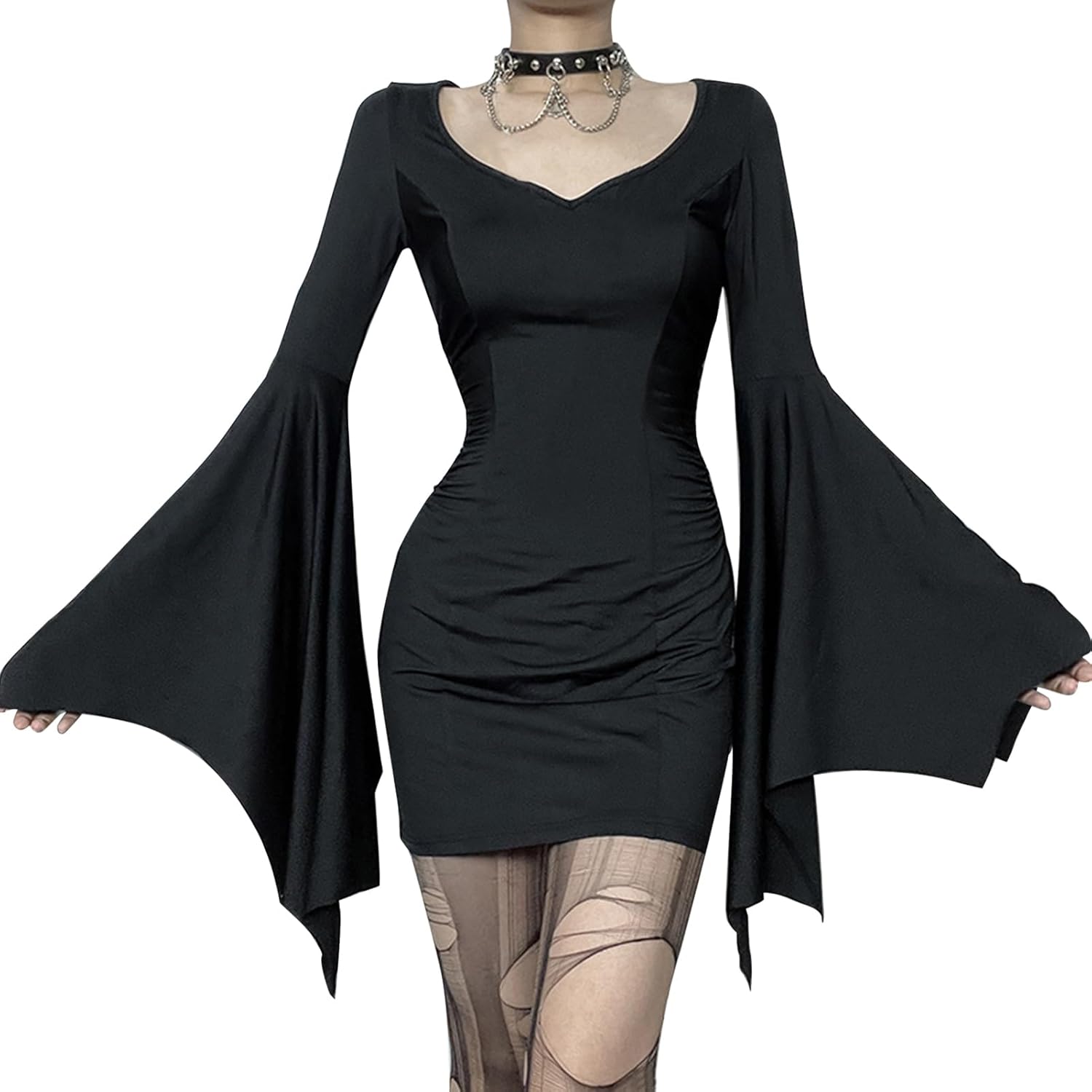 FEOYA Women Gothic Lace Dress Vintage Goth Halter Dress Flare Sleeve Vampire Withy Dresses