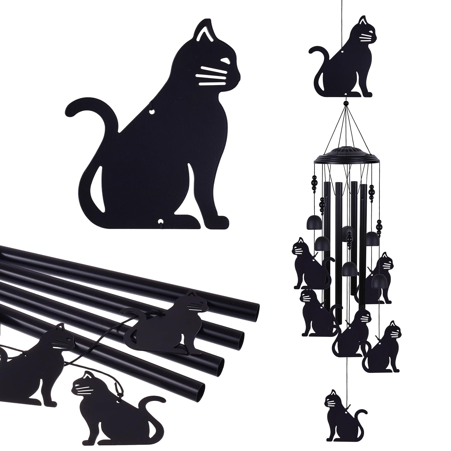 Windspiel Mit Katzen – 96,5 Cm Lang, 4 Aluminiumröhren, 6 Glocken & 7 Katzen-Figuren, Handarbeit, Für Garten, Balkon Oder Als Besonderes Geschenk