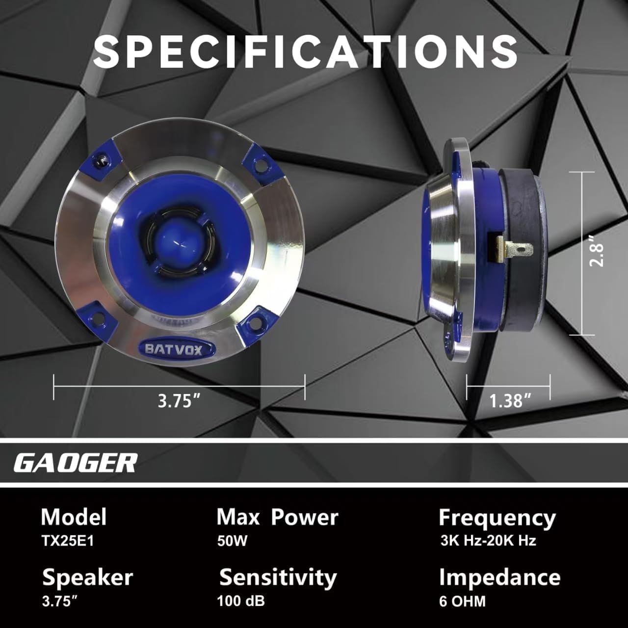 TX25E2 3.75 Inch Super Tweeter Blue, Aluminum Frame and High Compression Diaphragm, 100W Max, 4 Ohms, 100 dB Bullet, 1 Inch Voice Coil, Pro Car Sound System Bullet Tweeters (2 Speakers)