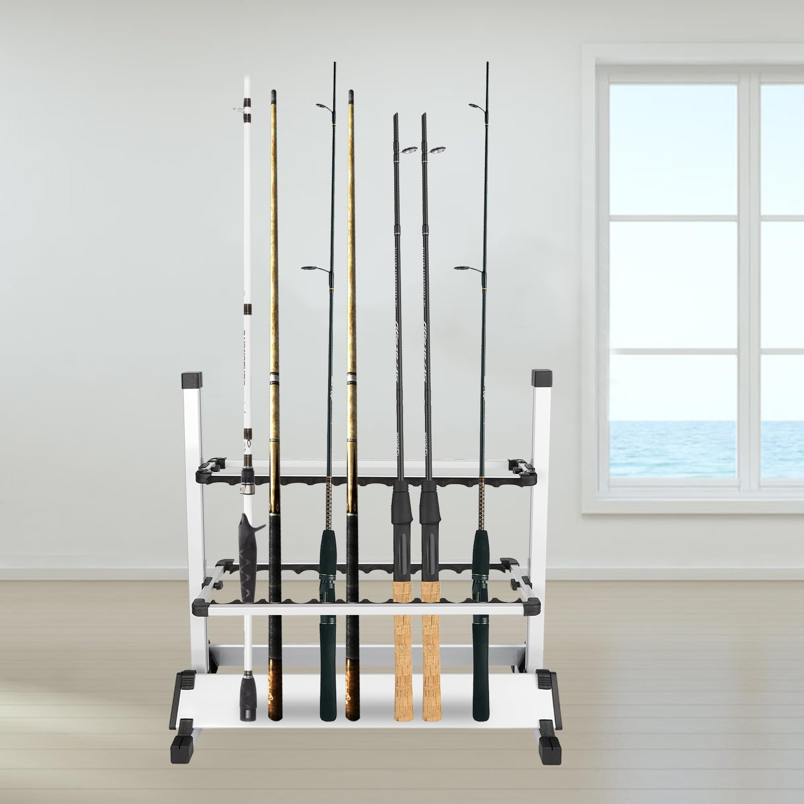Supporto per canne da pesca, per 24 canne, in alluminio, portatile, per canne da pesca, per interni ed esterni