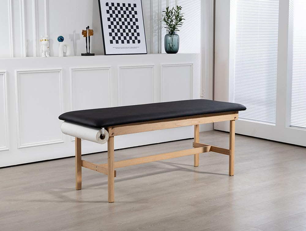 Premium Flat-Top Beech Wood Physiotherapy Treatment Table with Paper Roll Holder — Solid Medical Exam Table, 75.6” x 28” x 31”, 600 lbs Capacity, Non-Slip Feet(Black)