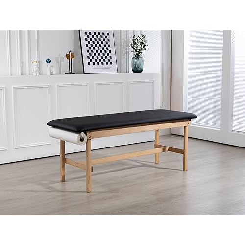 Premium Flat-Top Beech Wood Physiotherapy Treatment Table with Paper Roll Holder — Solid Medical Exam Table, 75.6” x 28” x 31”, 600 lbs Capacity, Non-Slip Feet(Black)