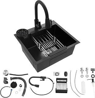 Fregadero de acero inoxidable de 50 x 45 cm, color negro, con grifo extraíble y lavavajillas para tazas, fregadero de cocina multifuncional, 1 lavabo, incluye tubo de drenaje, dispensador de jabón