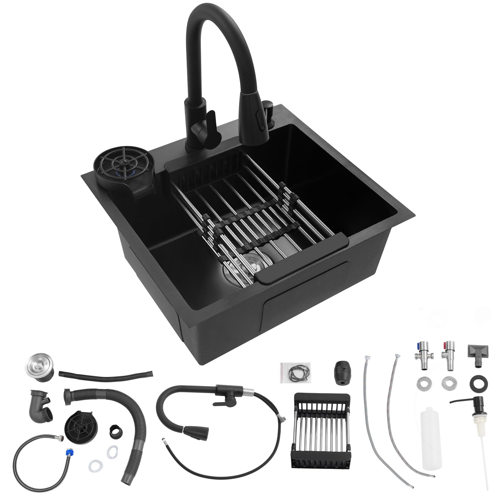 Lavello in acciaio inox 50 x 45 cm, nero, con rubinetto estraibile e portabicchieri, 1 vasca del lavello, dispenser di sapone, cestello filtro