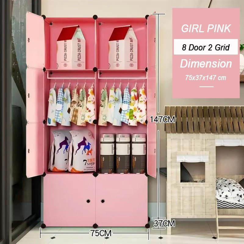Image of LUHI Plastic Wardrobe for Kids Clothes - Easy to Use Anti-Skid & Non-Slip Effective Professional, Plastic Cupboard for Kids, Foldable Almirah, Collapsible Wardrobe (Pink X3, 8-Shelf-8-Door)