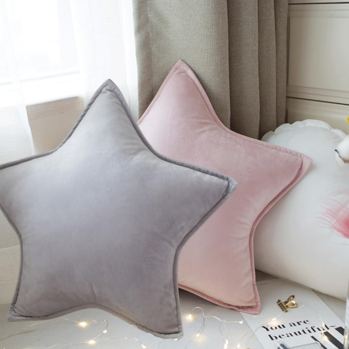 20X20inch 3D Plain and Elegant Star Shaped Throw Pillow Star Plush Pillow Furry Grey Pillow Decorative for Home Living Room,Sofa,Car,Office (Light Gray)