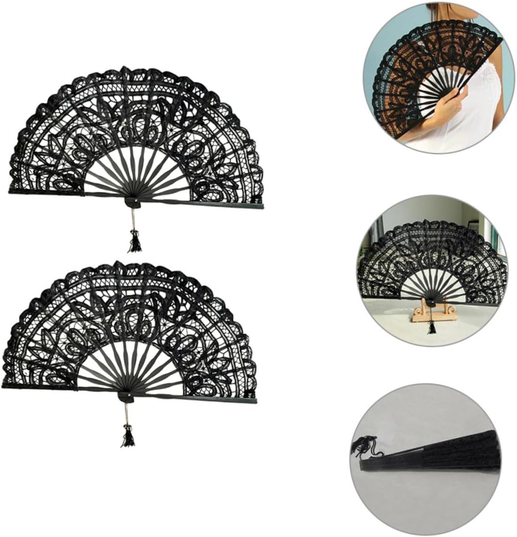 2pcs 27cm Black Lace Handheld Folding Fans Vintage Frame Wedding Fans for Bridal Tea Party Dance Performance