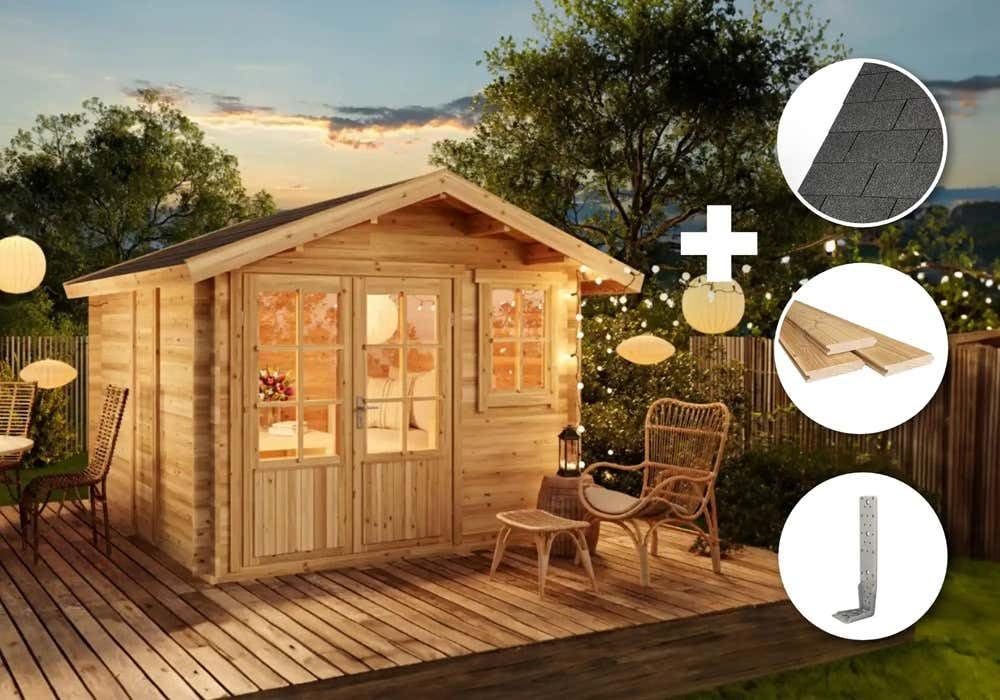Alpholz Gartenhaus Set Palermo Naturbelassen 331x331cm inkl. Dacheindeckung und Fußboden