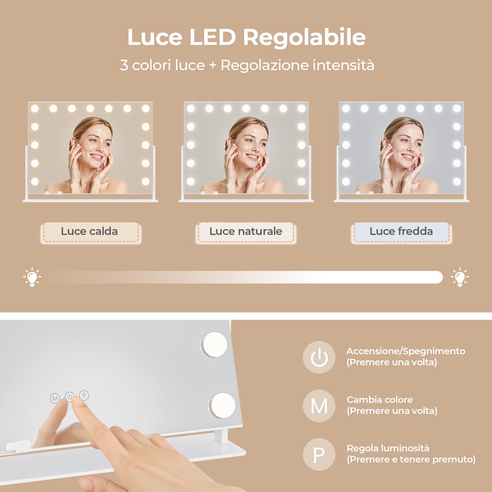 Dripex Specchio da Trucco con Luci Hollywood 15 LED, 46Lx62l cm, Rotazione a 360°, 3 Temperature di Colore, Regolazione Luminosità, Supporto per Telefono Rimovibile, Superficie Specchio: 43Lx58l cm