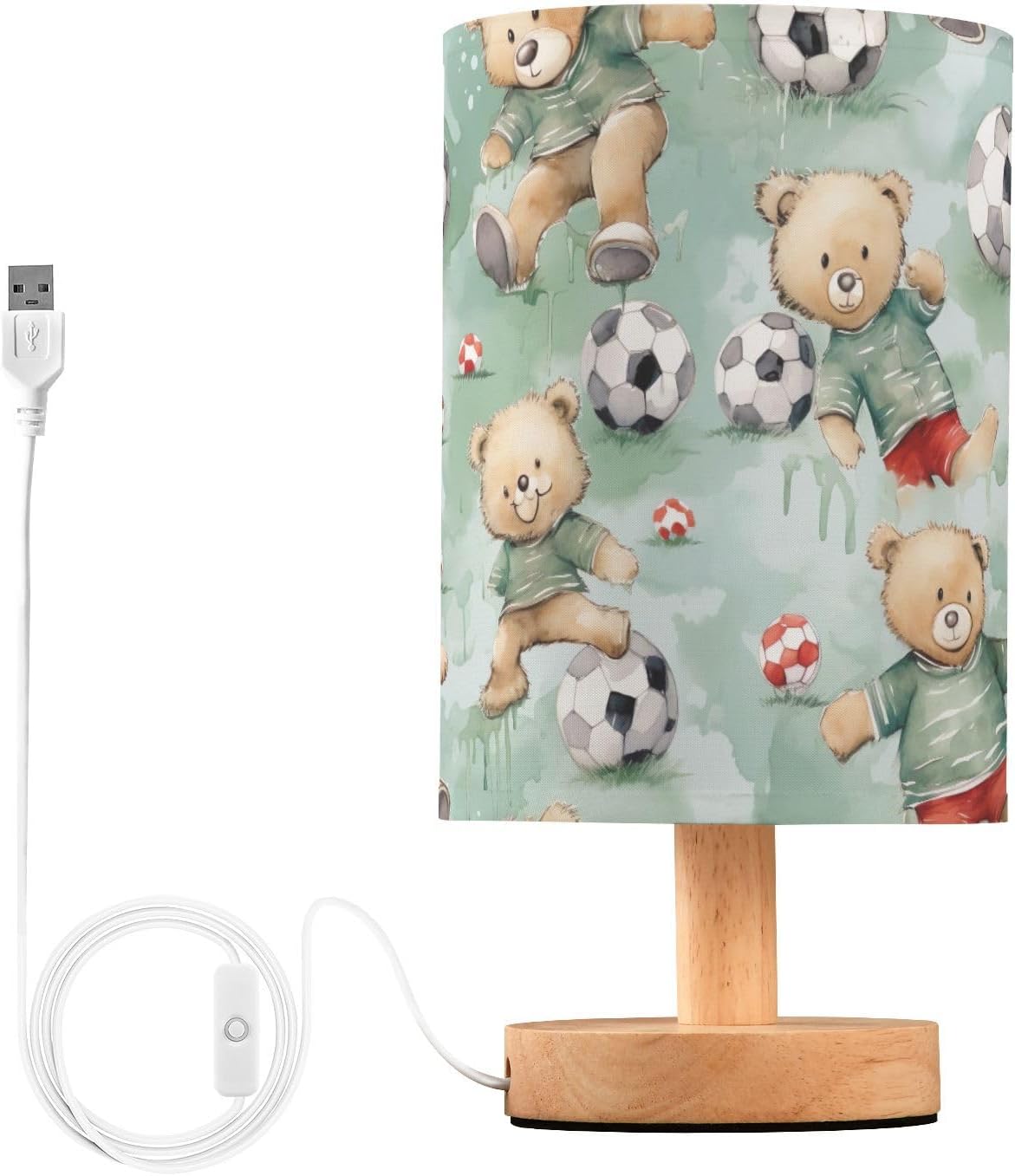Bedside Lamp Teddy Bear Soccer Cute Table Lamp with USB Port Wood Base for Living