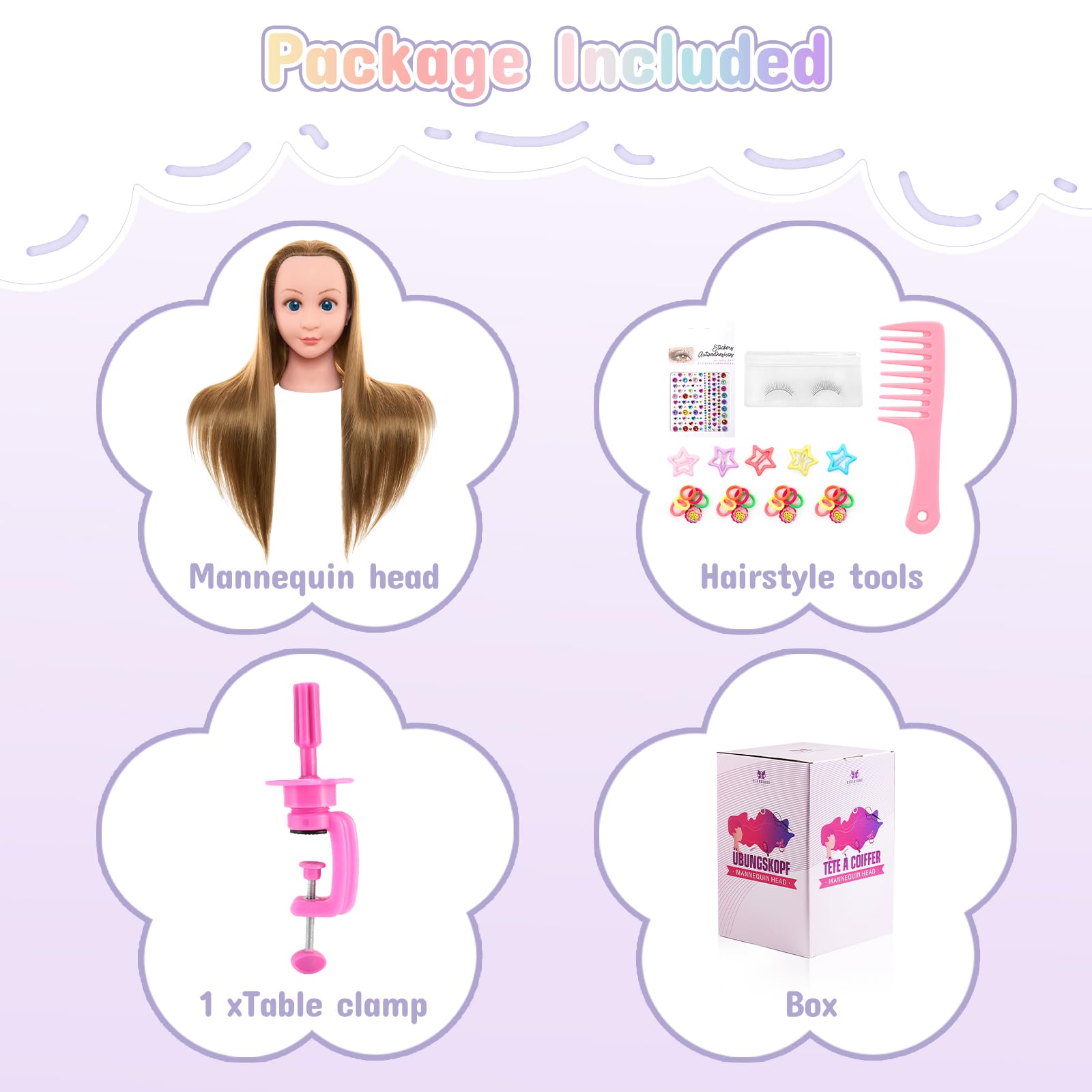 Neverland Beauty 22" Frisierkopf 60% Echthaar Übungskopf - Puppenkopf zum Frisieren Trainingskopf für Friseure mit Klemme und DIY Haare Frisuren Set
