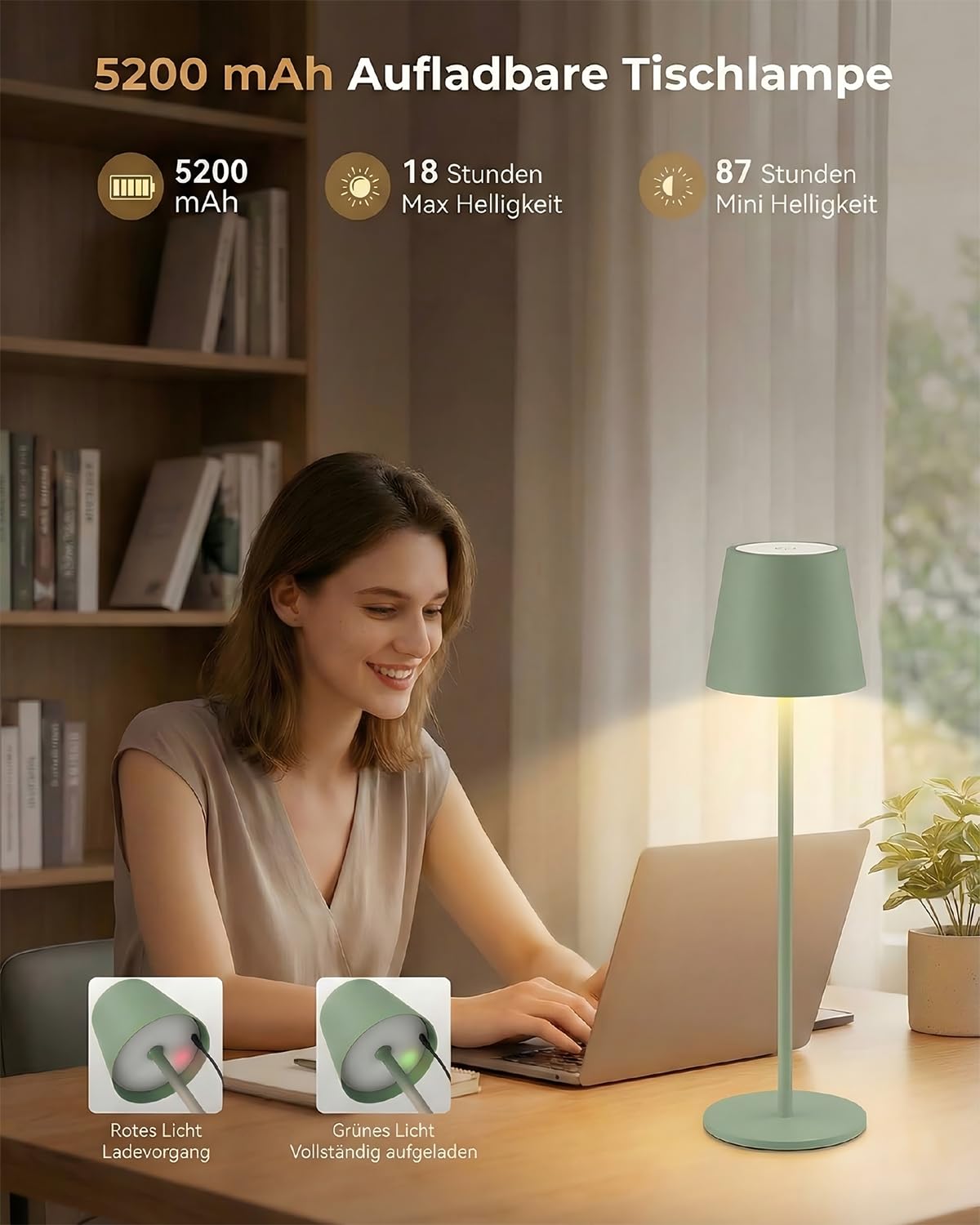 Lámpara de mesa LED Bonsery, juego de 2 unidades, color verde, batería de 5200 mAh, con brillo táctil ajustable y 3 temperaturas de color, lámpara nocturna impermeable e inalámbrica
