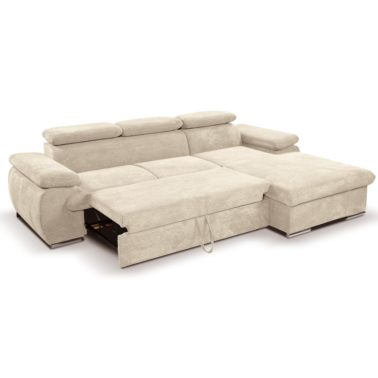 Canapé d'angle Droit Convertible Velours côtelé Beige avec têtières - KOST