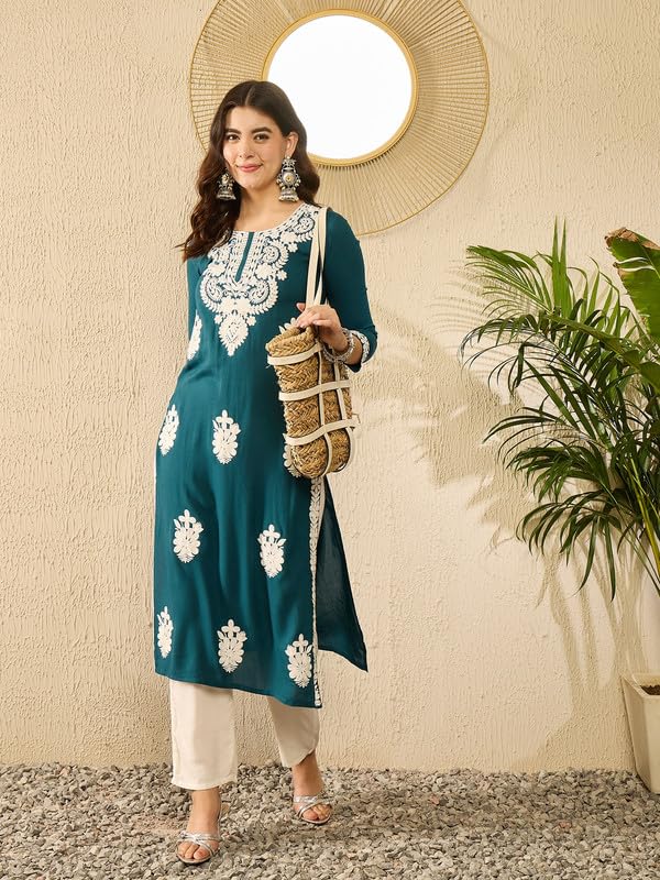 Image of Vaamsi Women's Viscose Rayon Solid Embroidered Straight Kurta | Chikankari Kurta for Women