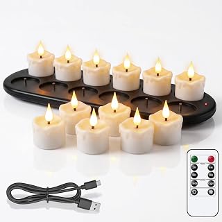 GenSwin Wax Rechargeable Tea Lights Candles Votive Battery Operated Remote | White, 3D Flameless Flickering, LED Tealight Candles, Timer, Charging Base, 1.6" × 2.5" ,USB Candles Christmas Decor, 12 Pack