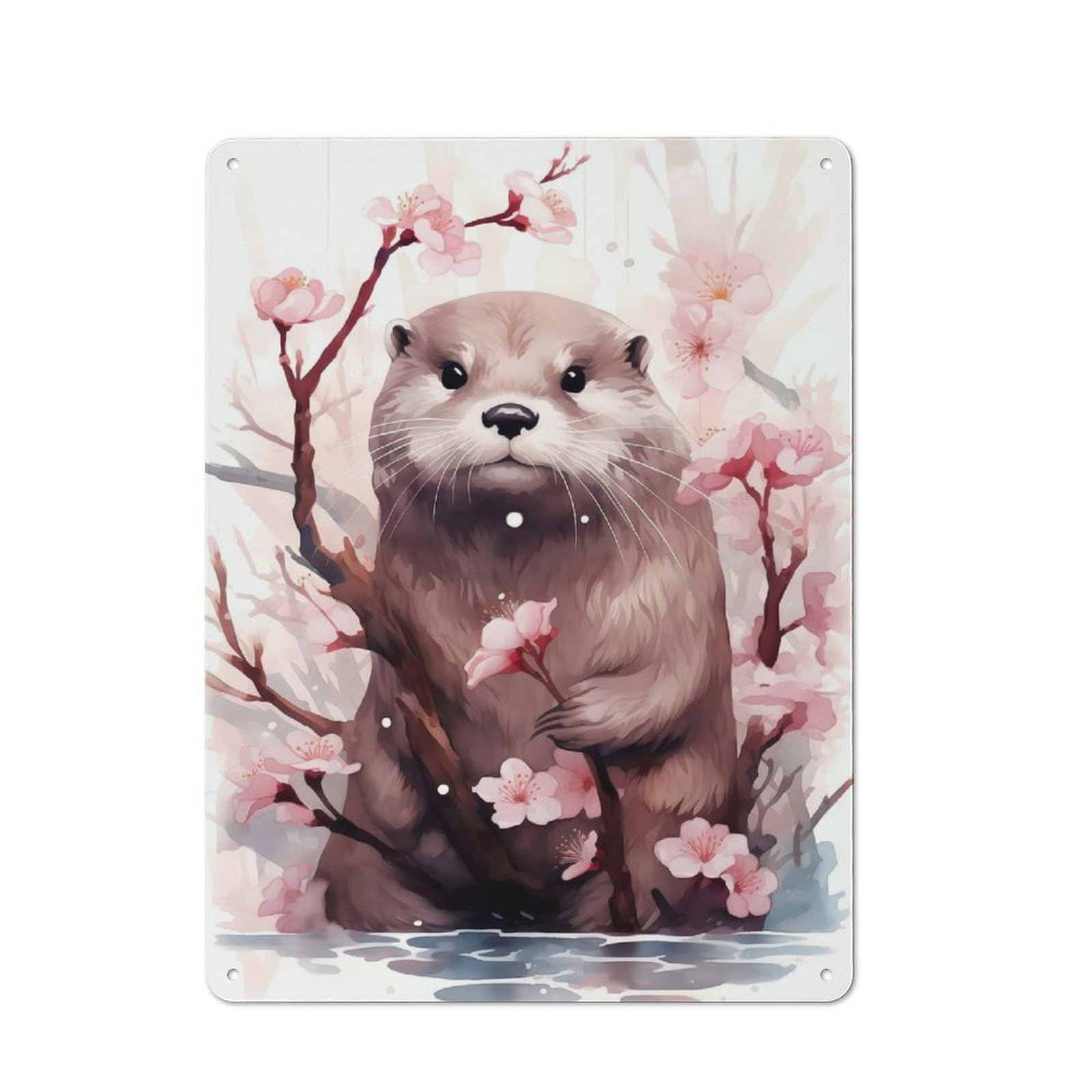 Cherry Blossom Otter Retro Metal Sign 40x30cm, Distressed Look Retro Room Decor for Living Room, Hallway, Kitchen Or Cafe