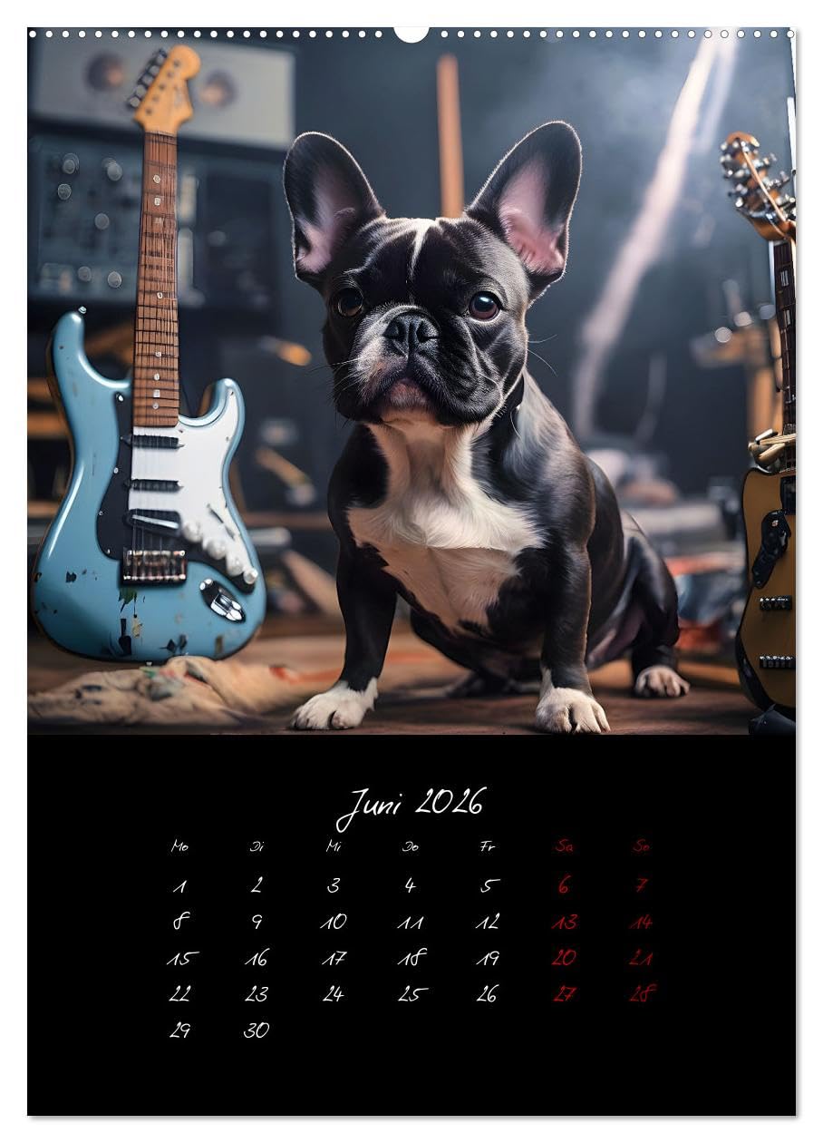 Gitarren und Hunde mit Herz (Wandkalender 2026 DIN A2 hoch), CALVENDO Monatskalender: Amüsante Darstellungen von Hunden, die mit Stolz die Gitarre ihres Herrchens präsentieren (CALVENDO Kunst)