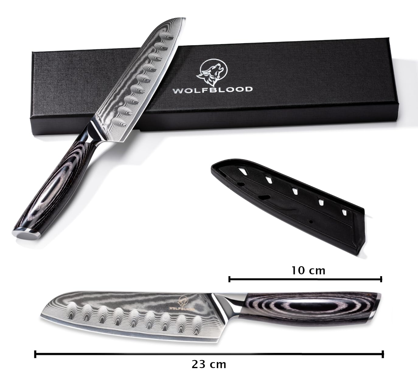 Wolfblood PRO Damastmesser Santoku Messer L (23cm) TÜV geprüfter 62 HRC Damaststahl aus 67 Lagen I Damast-Küchenmesser Santokumesser mit Holzgriff Geschenkbox und Klingenschutz