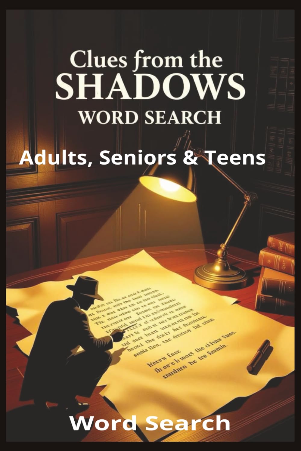 Clues from the Shadows Word Search: Mysterious investigations, secretive movements, hidden evidence, dark corners, lurking suspects, and cryptic clues