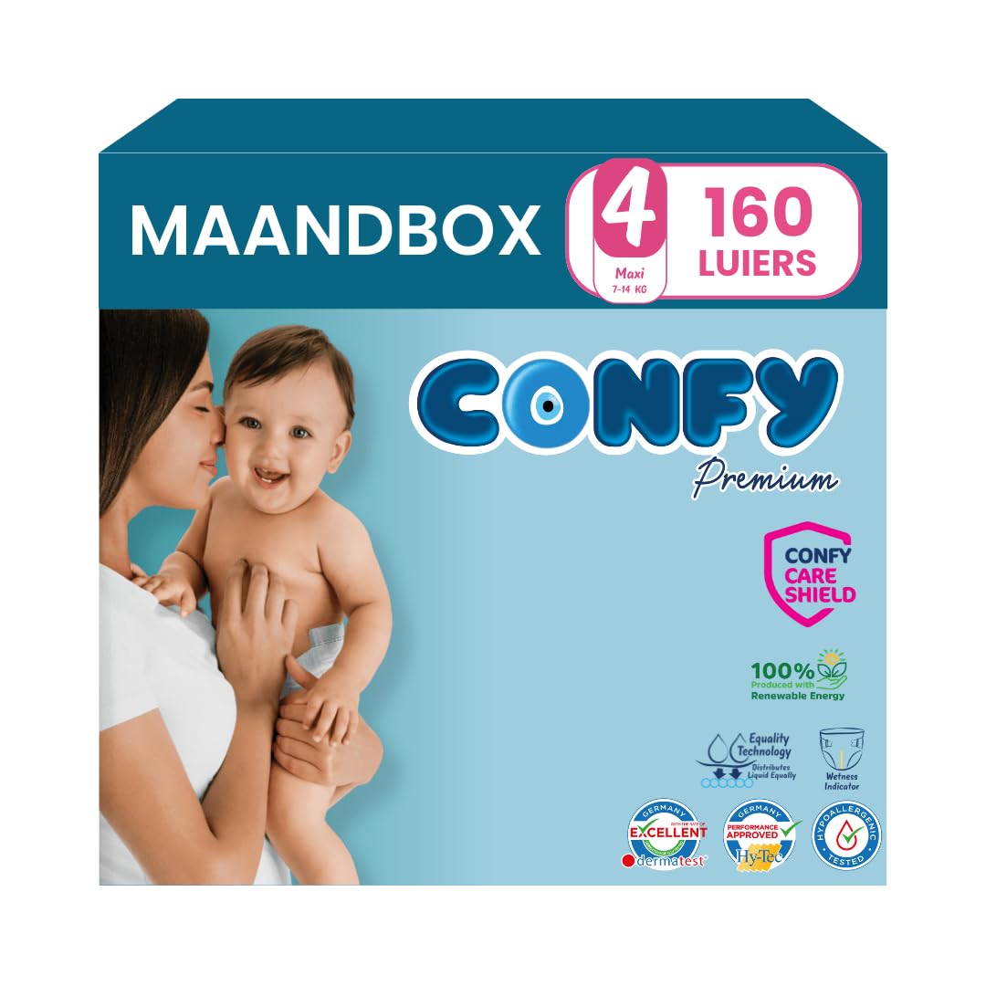 Confy Premium pieluchy dla niemowląt, rozmiar 4 (7 kg-14 kg) - pojemnik na miesiąc - 160 sztuk, testowane dermatologicznie, super chłonne, wskaźnik oddawania moczu, CareShield