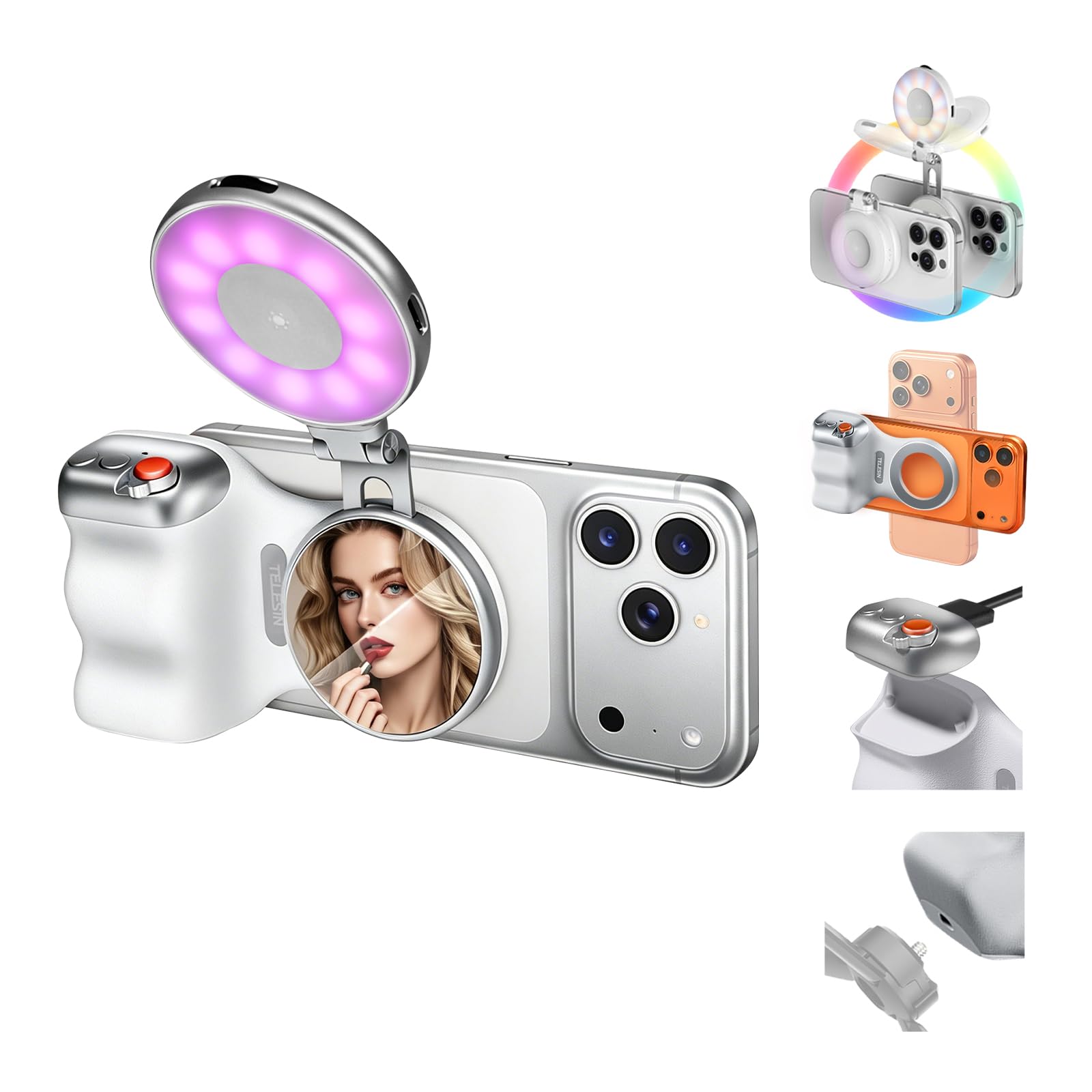 Fun Shot Empuñadura Magnética para Smartphone con Luz de Relleno Magnética RGB,Control Remoto Bluetooth de 10 Metros con Carga USB-C Desmontable,1/4 Rosca,Compatible con iPhone y Android