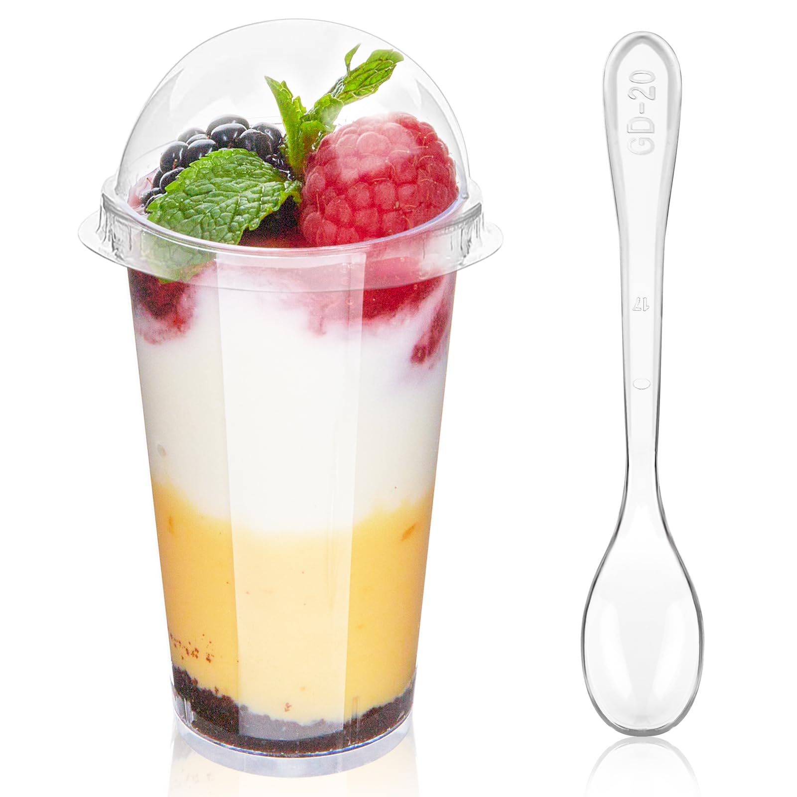 Zezzxu 3 oz Mini Dessert Cups with Lids and Spoons, 50 Pack Clear Plastic Dessert Shooter Cups Small Shot Glasses for Appetizers Parfaits Puddings Mousse