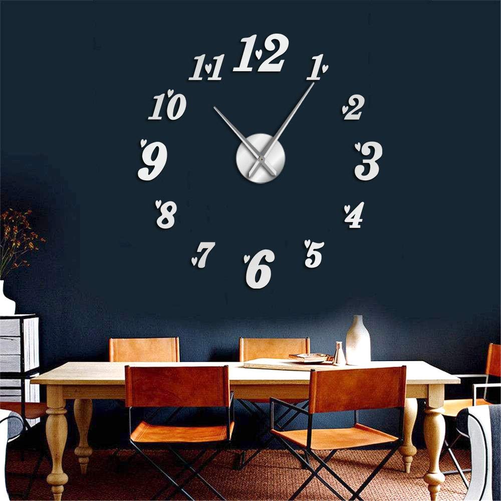 Miroir mural effet acrylique autocollant 27" et horloge salon argente
