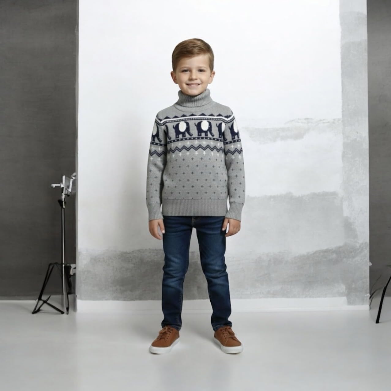 Kids Grey Unisex Sweater Elephant Print Crew Neck Warm Winter Pullover Full Sleeve Chest 26 Inch 2