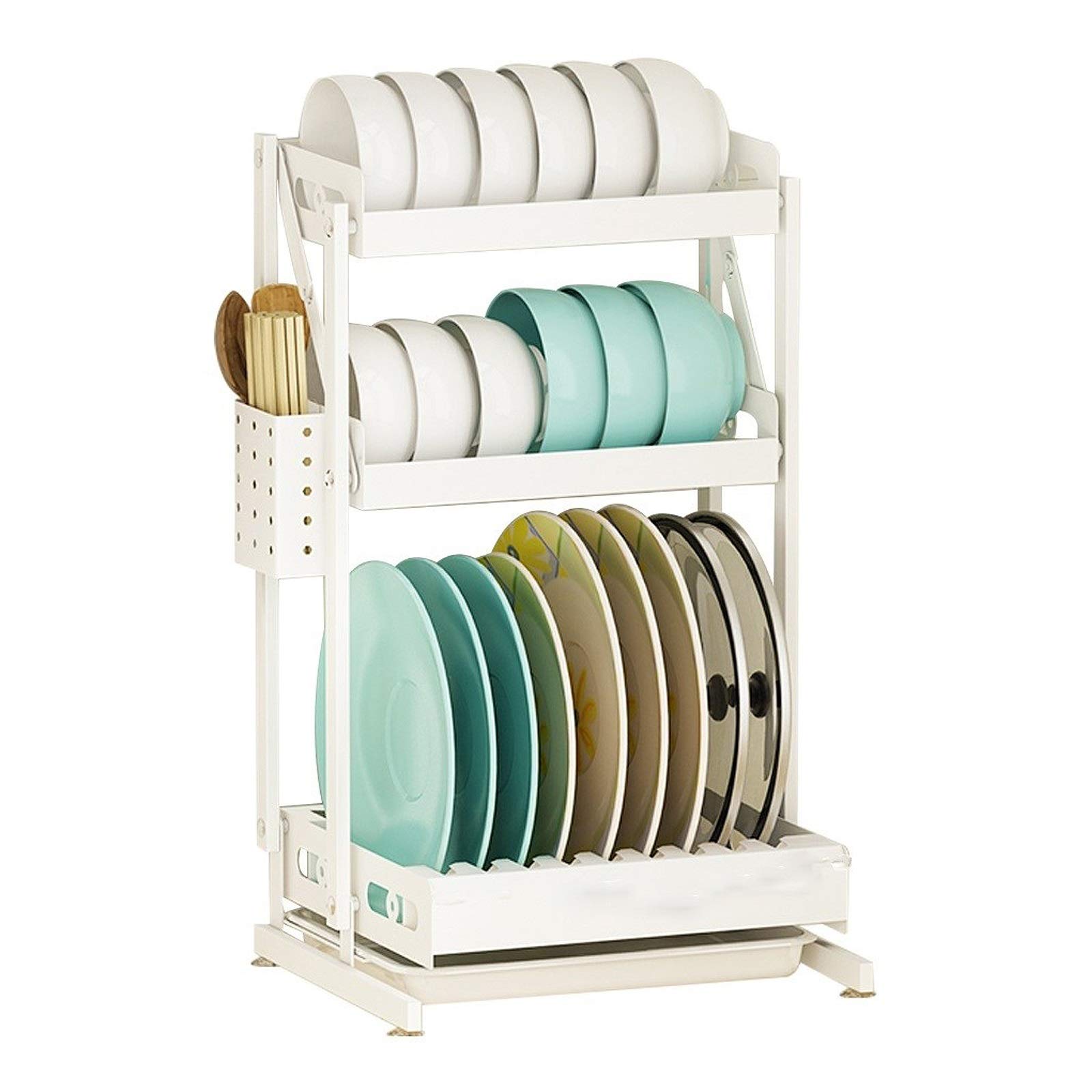 Escurridor de Platos Plegable de Pared para Cocina, Estante de Acero al Carbono de 3 Capas, con Jaula para Palillos, 56,5 x 28,5 x 33,5 cm(