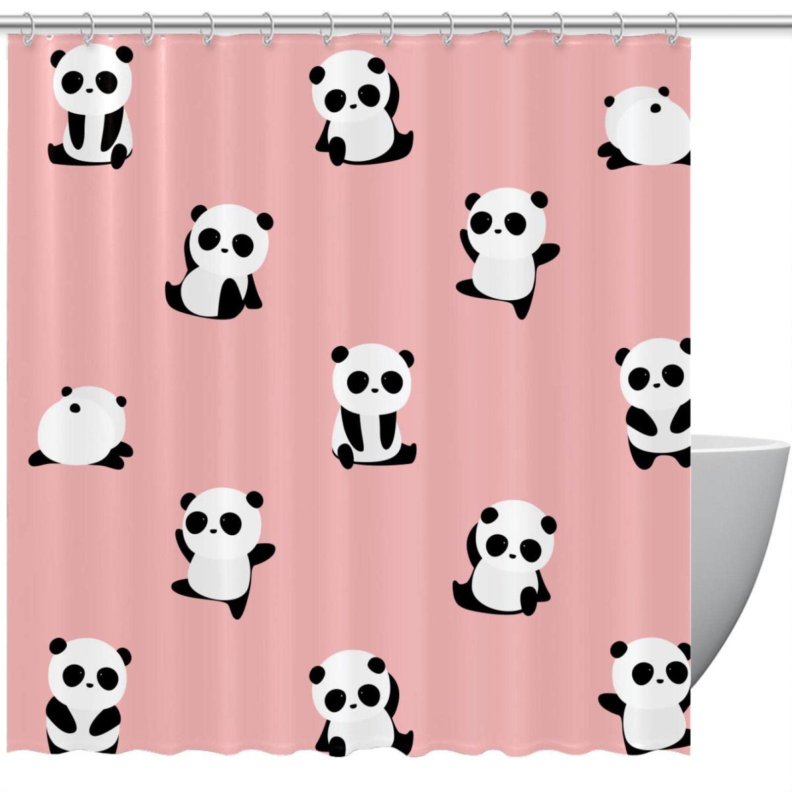 Rideau de douche panda résistant à l'eau 183 cm fond rose pour sol sec