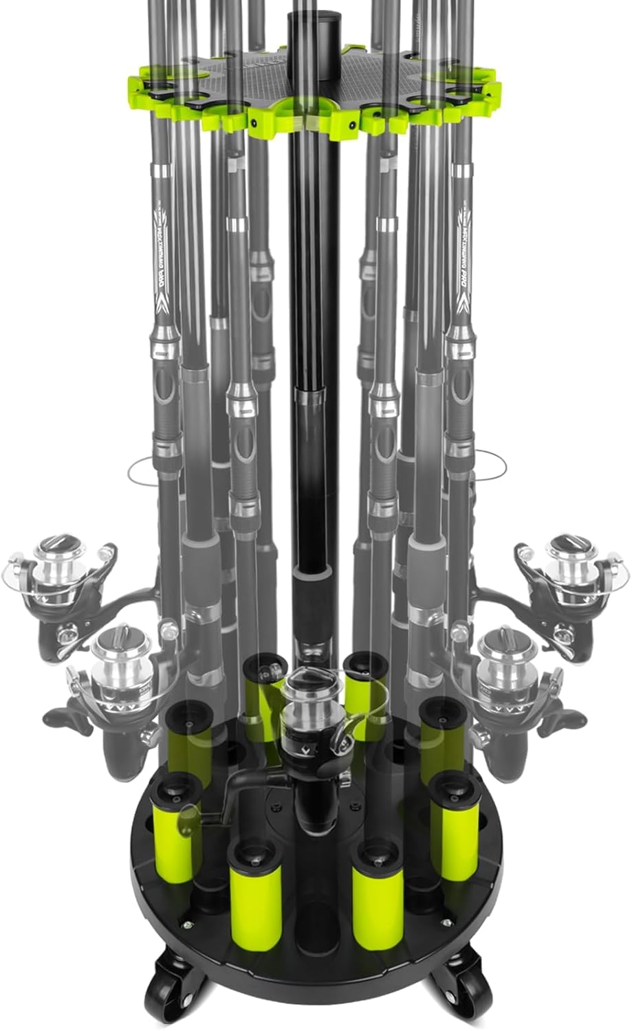 BOOSTEADY Supporto per Canna da Pesca per Garage, Portacanna da Pavimento per 20 Canne con Ruote Girevoli a 360°, Organizzatore di Attrezzatura da Pesca in Plastica ABS