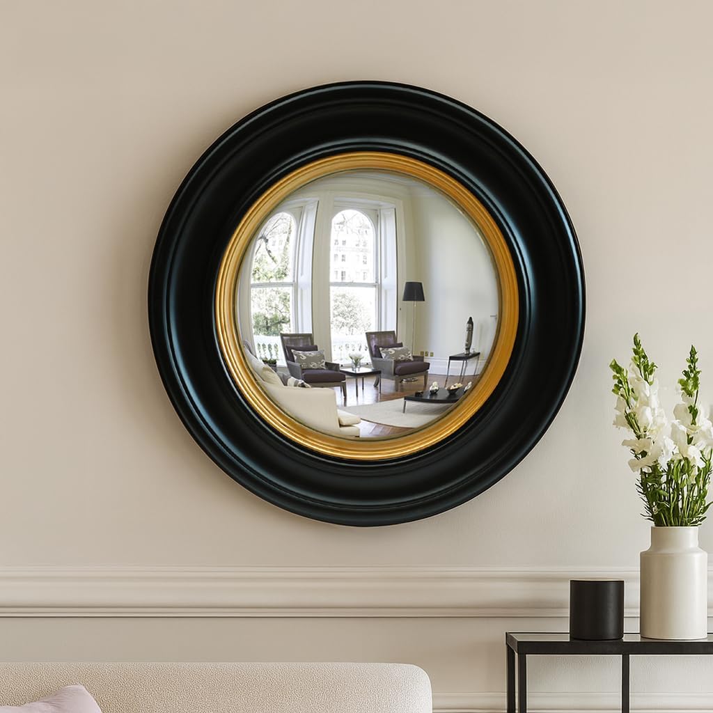 Medium Round Antique Black and Gold Convex Feature Wall Mirror 52cm x 52cm