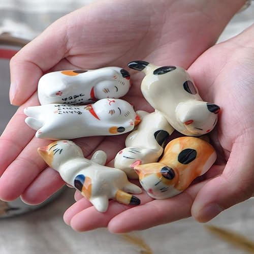 Miniatura 5 de Juego de 6 adornos para cuchillos de porcelana con diseño de gato de la suerte, juego de reposamanos de cerámica, juego de vajilla (gato de la