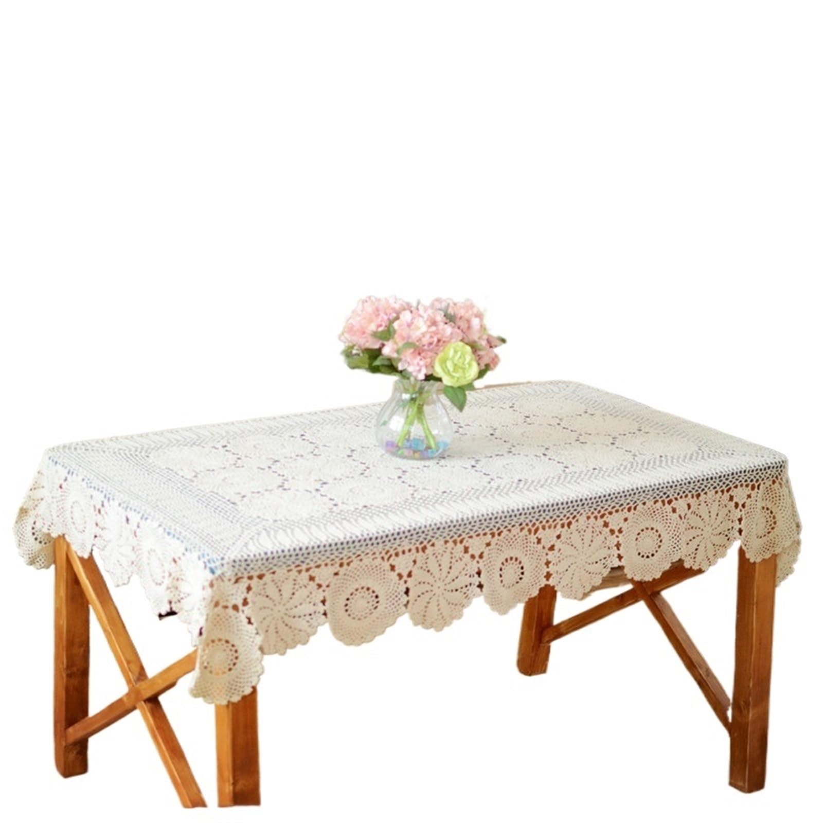 HYFEUOKF Lace Tablecloth Crochet White Table Cloth Cotton Beige Many (White,130x180cm)