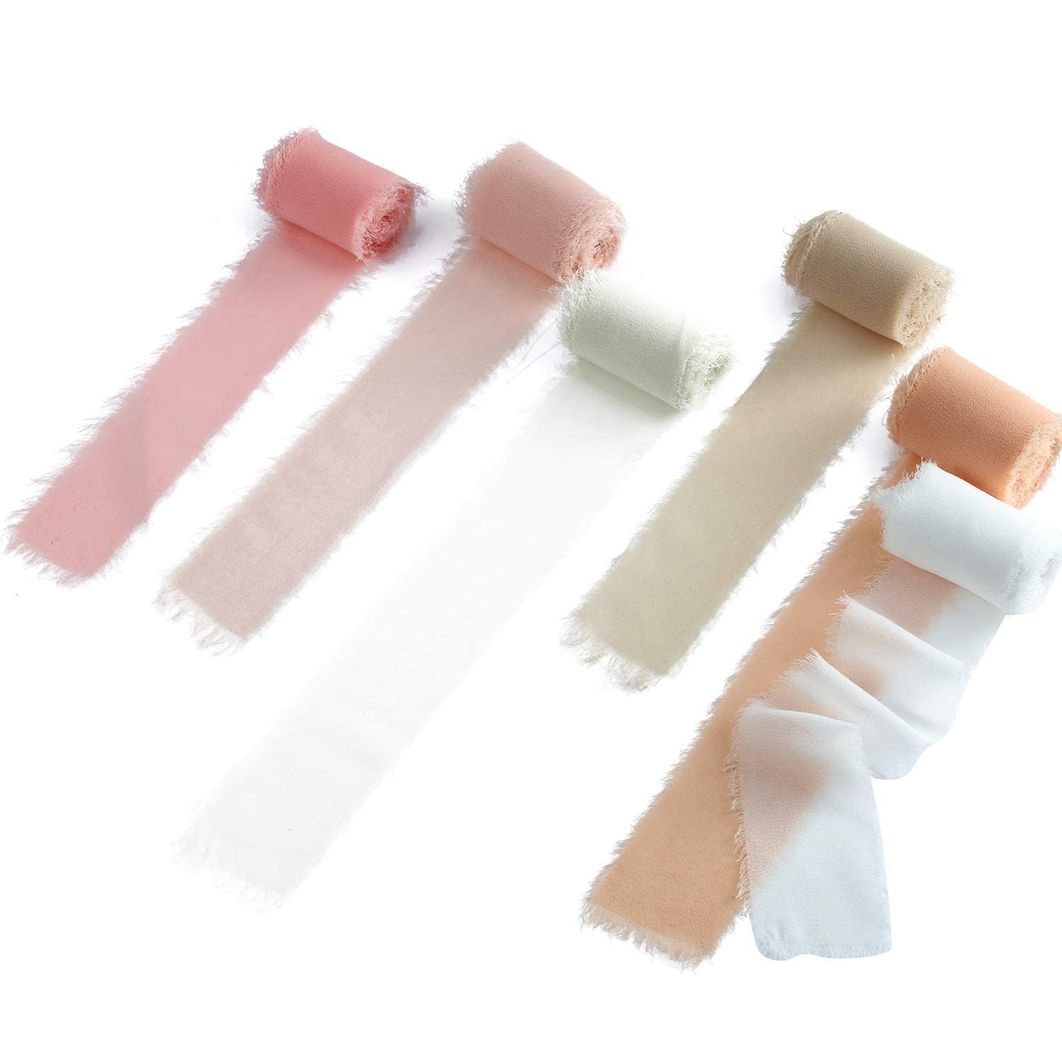 X spring Chiffon Ribbon, 6 Rolls 4cm 5 Yard(5m) Handmade Fringe Chiffon Ribbon Set, Frayed Edge Ribbon for Gift Wrapping, Bouquet Wrap, Wedding Invitations, DIY Craft, Decorating (Nude Pink Set)