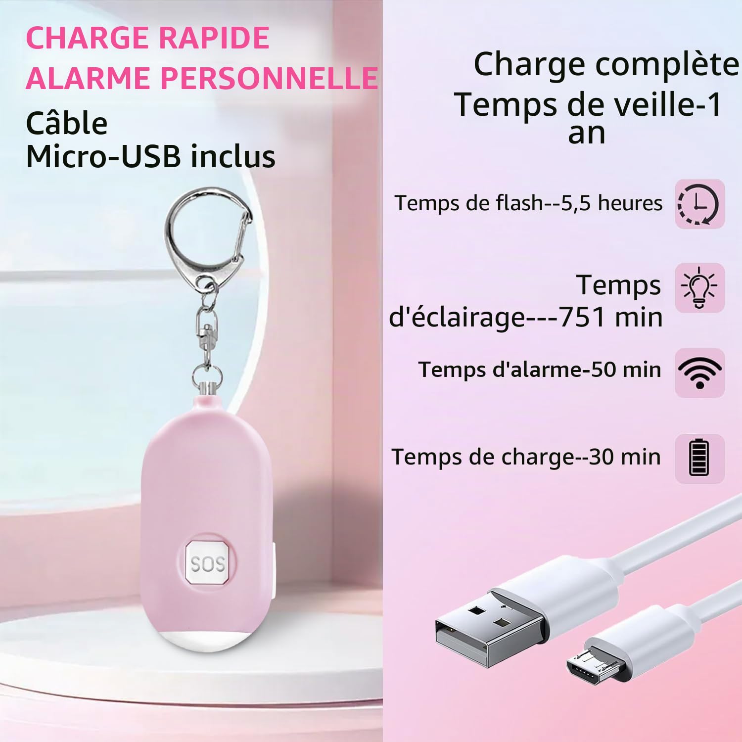 Alarmes Personnelles pour Femmes, 3 Paquets de Porte-clés D'alarme de Sécurité D'autodéfense Rechargeables avec 130 dBs pour Protéger la Sécurité de Votre Famille, de Vos Enfants, des Personnes âgées