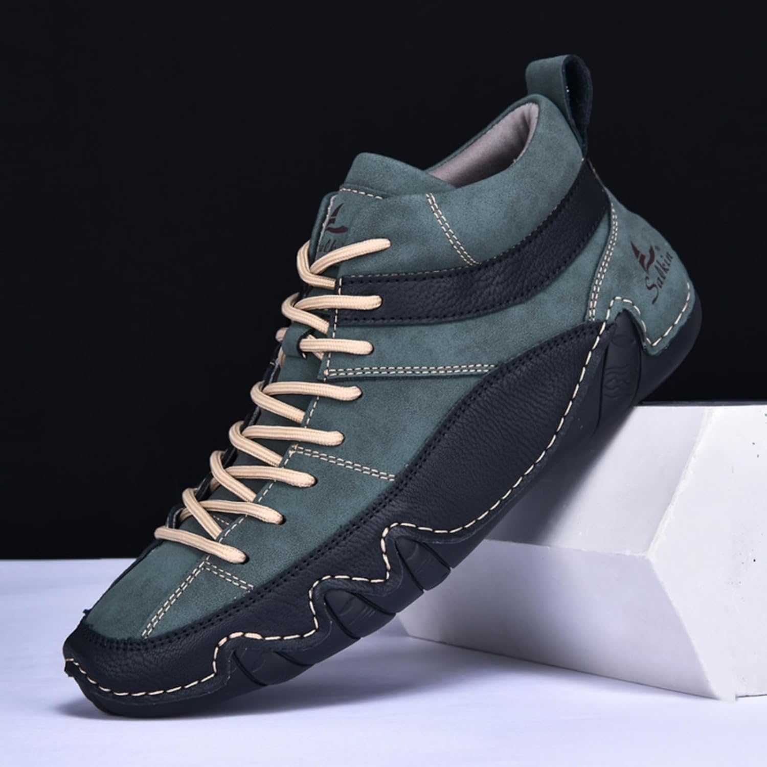Mens Classic Leather Lace Up Ankle Chukka Boots Casual Round Toe High Top Non Slip Walking Boat Shoes for Driving Daily Hiking
