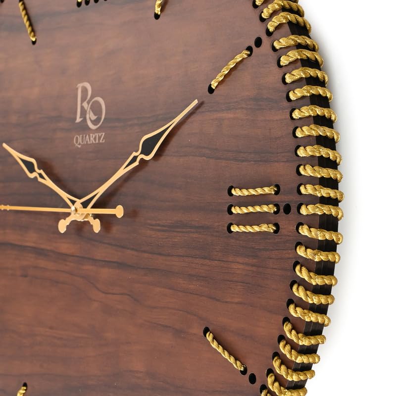 Image of Wooden Round Shape Roman Dial Analog Clock with Golden Hand and Golden Zari Rope Detailing | Stylish Silent Quartz Movement Anti Reflection Wall Clock for Home & Office (Brown, 15.5 inch)