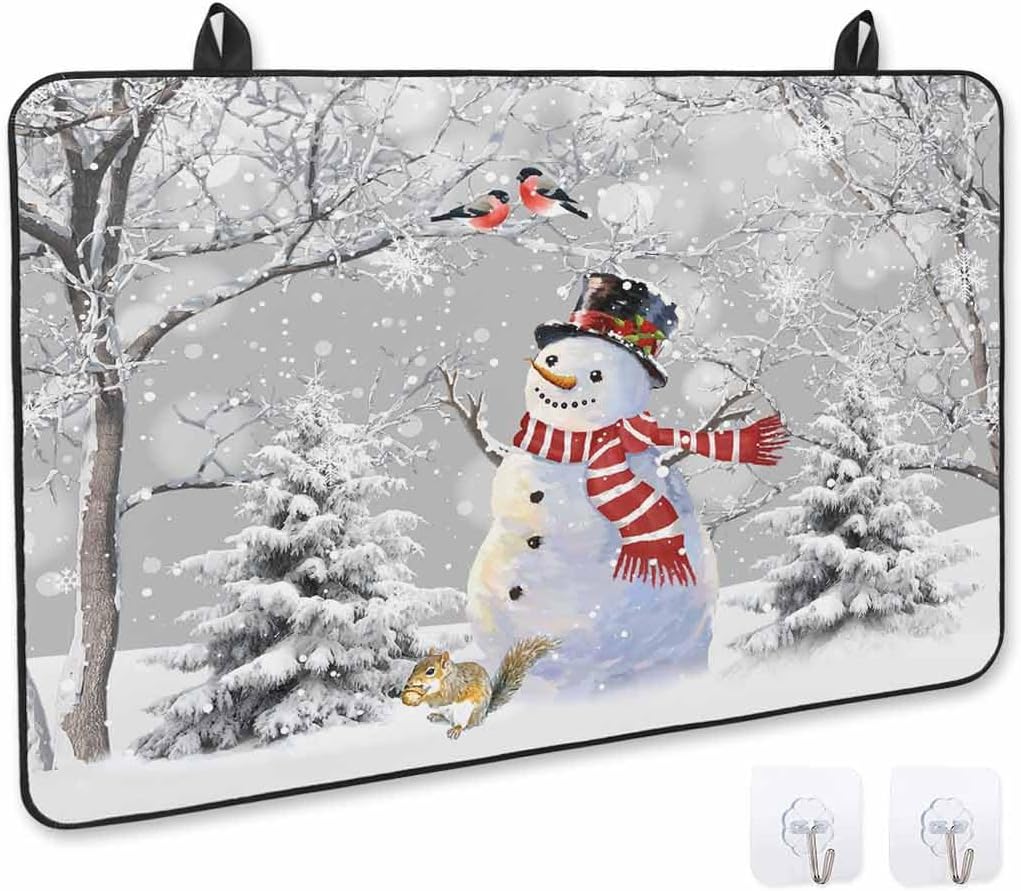 Stove Cover for Electric Stove, Christmas Winter Grey Snowman Looking at Magpie Squirrel Stove Top Cover for Glass Top, Heat Resistant Rubber Mat Foldable Cooktop Cover Top Protector, 36"x21"