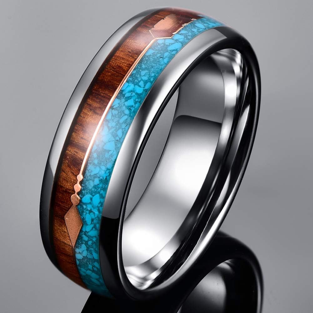 Vakki Rose Gold Arrow Tungsten Ring for Men Koa Wood and Turquoise Inlay 8mm Silver Wedding Band Size 7-12 - Image 2