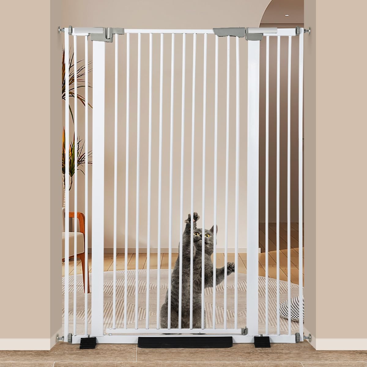 51.18" Extra Tall Cat Gate for Door Way Auto Close, 30"-40" Adjustable Width Pet Gate with 2.75" and 5.5" Extension Kits, No Drilling Pressure Mount Kit, White
