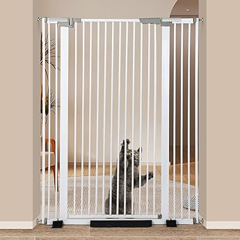 59" Extra Tall Cat Gate 2024 Easy Opening Auto Close Gate for Door Way, 30"-45" Extra Wide Pet Gate with 4" and 7.85" Extension Kits, Pressure Mount Kit Gate, White