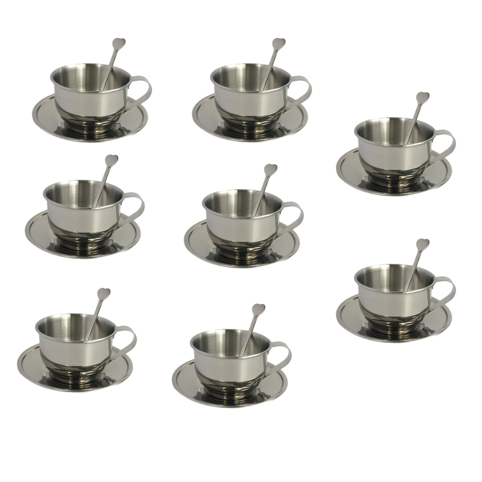 Lot de 8 tasses à café en acier inoxydable 170 ml avec cuillères et soucoupes